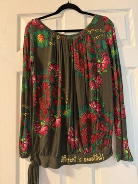 Pre-owned Desigual colorful green long sleeve top blouse tie floral Size Small